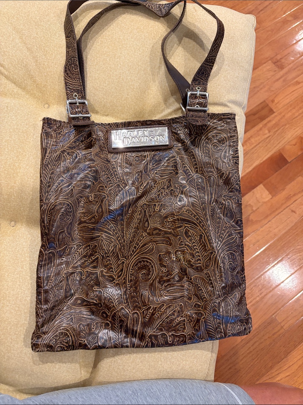Harley-Davidson Brown Tooled Leather Tote with Silver Plaque